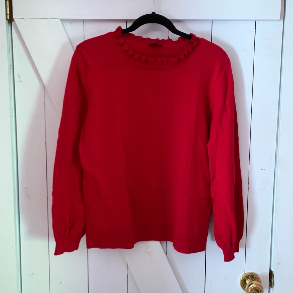 Bright Red Sweater Talbots Petite Large Crew Neck Ruffle Trim Preppy Modest